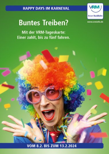 Flyer: Happy Days im VRM: An Karneval mit Bus&Bahn günstig unterwegs sein