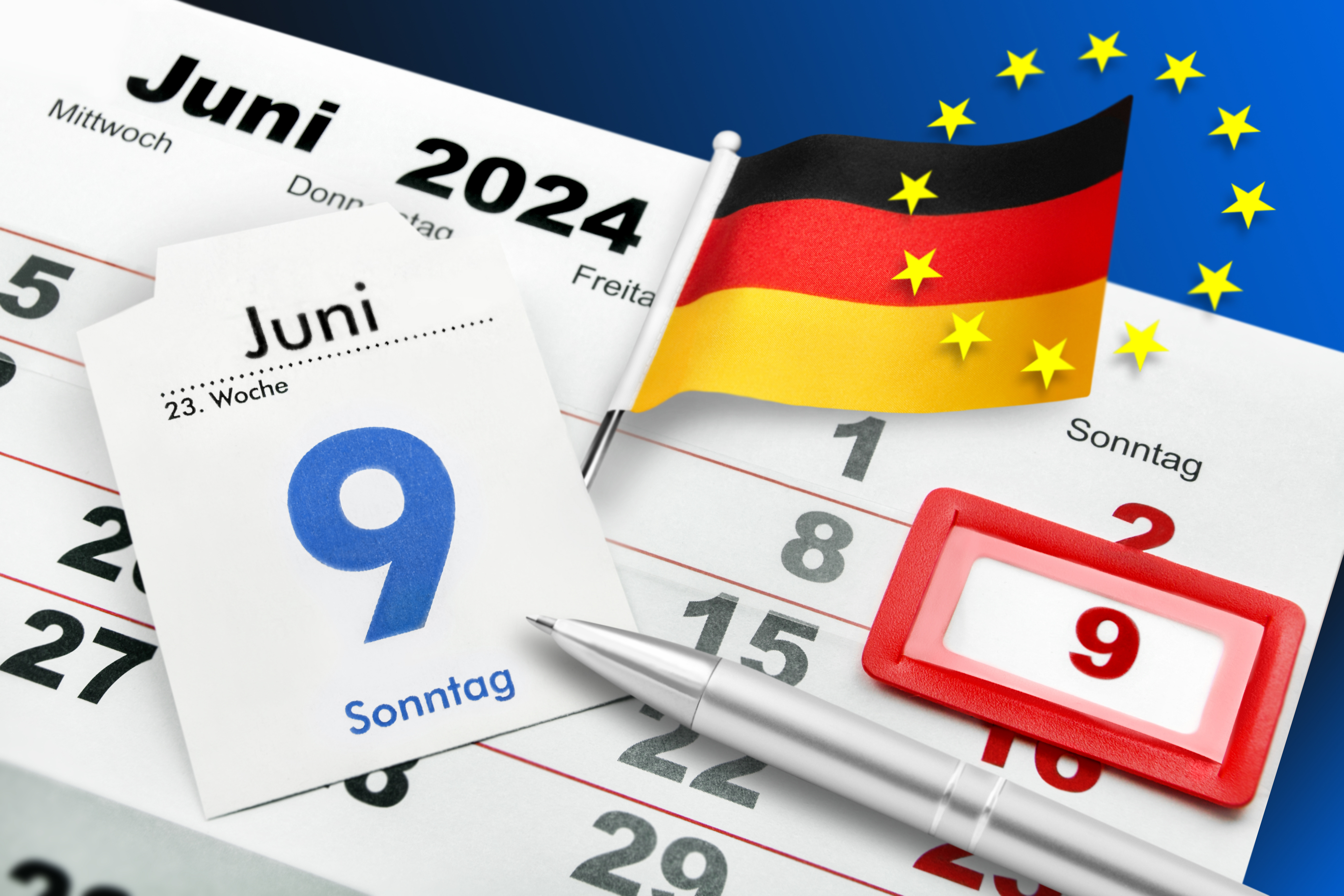 Kalender Datum 9. Juni 2024 Europawahl mit Deutscher Flagge 