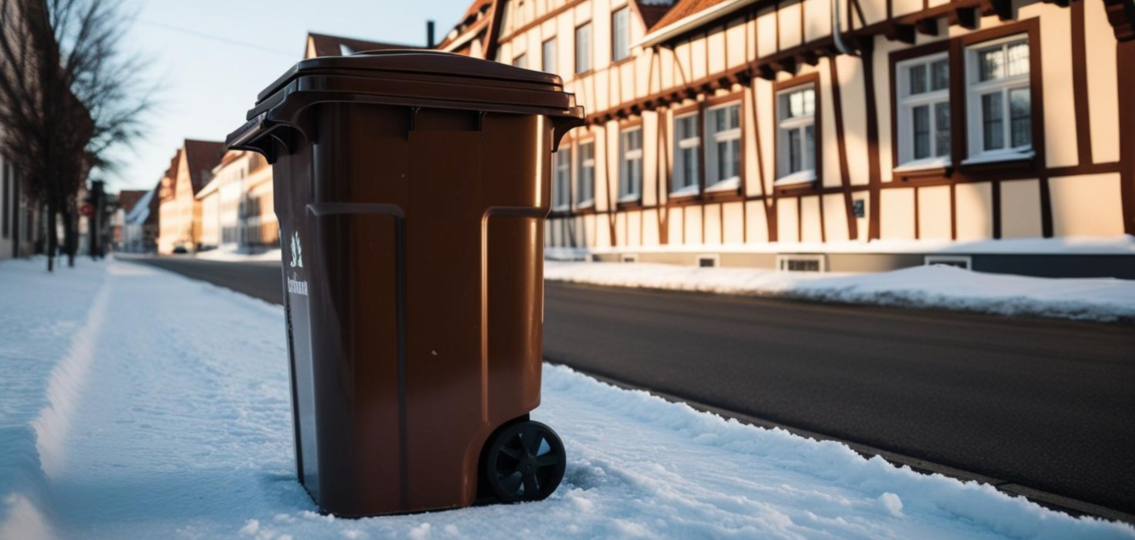 Braune Mülltonne am Straßenrand im Schnee