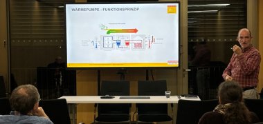 Zu sehen ist eine Leinwand auf der eine Wärmepumpe abgebildet ist. Im Vordergrund sitz das Publikum.
