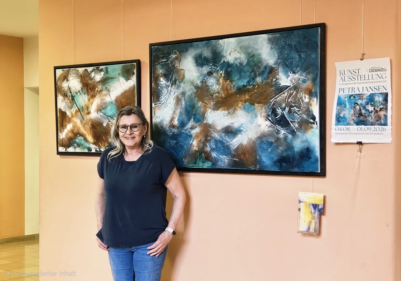 Im Vordergrund steht die Künstlerin Frau Jansen. An der Wand befinden sich zwei Ihrer Künstwerke.  Sie arbeitet mit der Pouring-Technik. Ihr Schwerpunkt ihrer Arbeiten liegt auf der abstarkten Malerei. Das eine Kunststück hat die Farben schwarz, dunkel blau, weiß, braun. Das zweite Bild hat die Farben braun, geld, weiß, türkis.