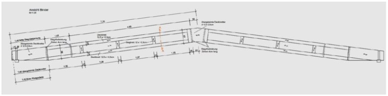 Seitenansicht Dachbinder: Das Bild zeigt eine Zeichnung des Dachbinders mit Maßen