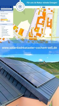 Solardachkataster Cochem-Zell Solardachkataster Cochem-Zell: Das Bild zeigt einen Screenshot von der Homepage des Solardachkatasters. Es ist eine Karte mit eingezeichneten Gebäuden zu sehen sowie in der unteren Hälfte ein Symbolbild mit einem Dach mit Solarpanelen im Vordergrund, im Hintergrund kann man Berge und die Reichsburg Cochem erkennen.