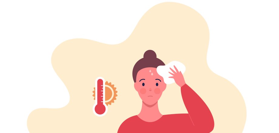 verktorbasiertes Symbolbild für extreme Hitze dargestellt durch einen weiblichen Charakter mit Hitzschlag-Symptom
