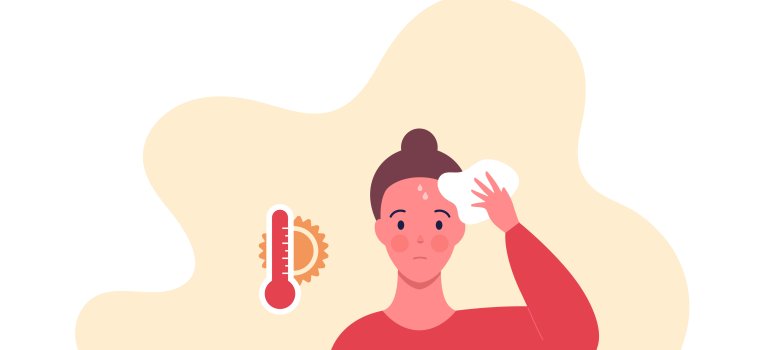 verktorbasiertes Symbolbild für extreme Hitze dargestellt durch einen weiblichen Charakter mit Hitzschlag-Symptom