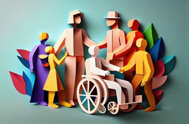 Familie hilft Person in Rollstuhl (Origamidarstellung)