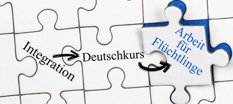 Dargestellt ist ein weißes Puzzle mit den Worten Integration, Deutschkurs, Arbeit für Flüchtlinge..