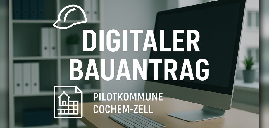 Digitaler Bauantrag Zu sehen ist ein Büro. In diesem Steht ein Schreibtisch und ein Regal. Auf dem Schreibtisch steht ein PC. Im Vordergund ist ein Slogan zu sehen.