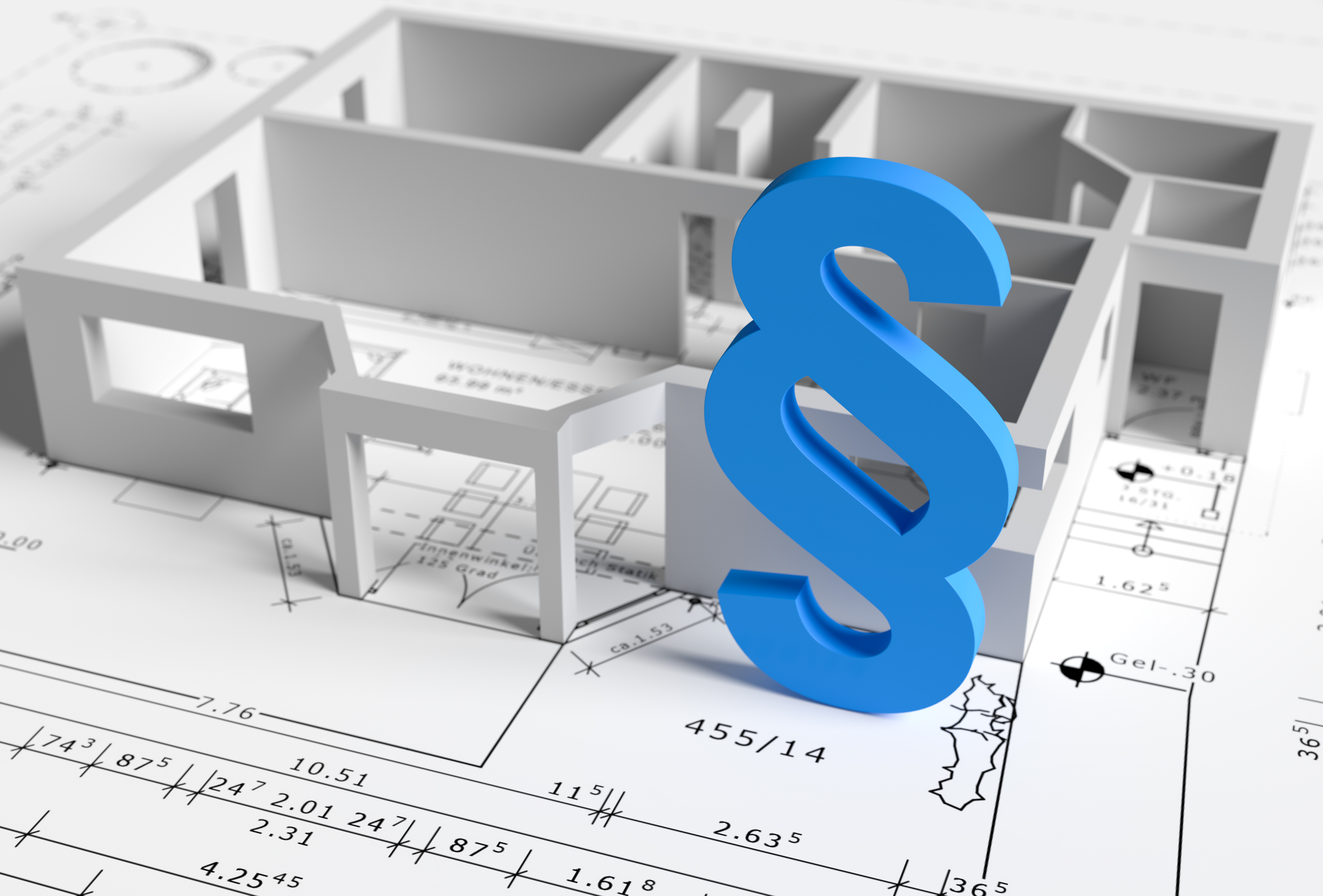 3d Bauplan auf dem Tisch. Bei der Hausbauplanung müssen die Bauvorschriften berücksichtigt werden