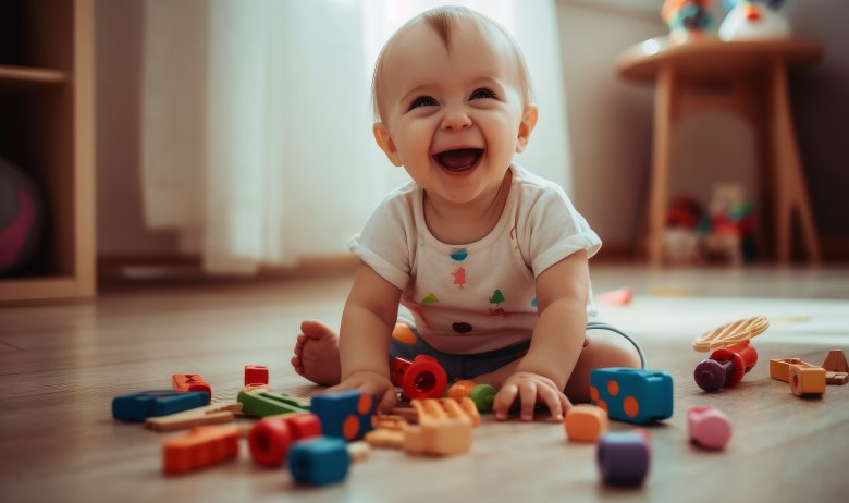 Ein lachendes kleines Kind spielt auf dem Boden mit Spielzeug.