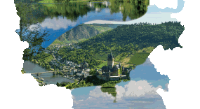 Landkreiskarte in der das Ulmener Maar, die Reichburg Cochem sowie ein Horizont im Hunsrück dargestellt wird.