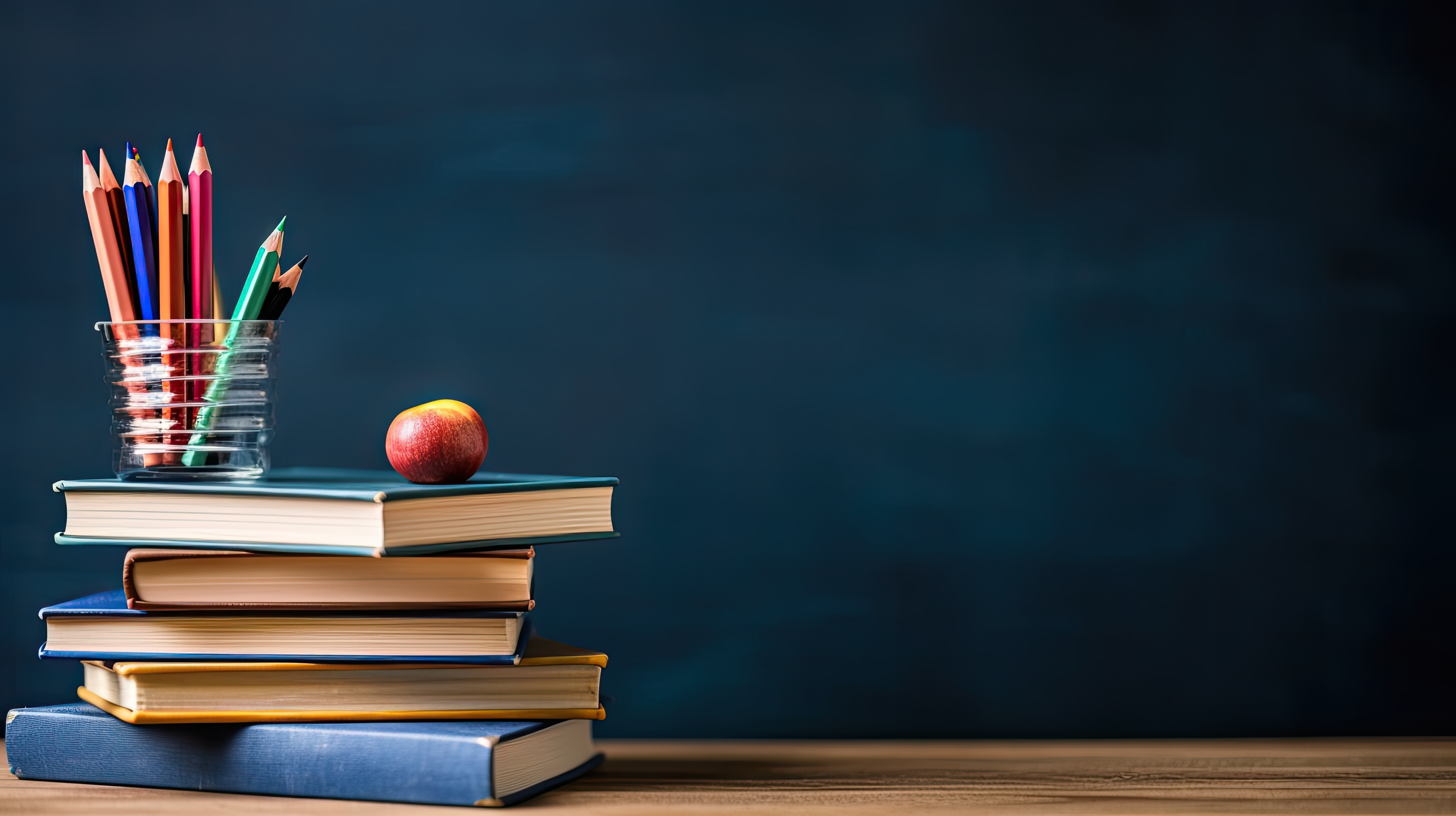 Stapel von Büchern und Bleistiften auf Schultisch vor dem Hintergrund der Tafel