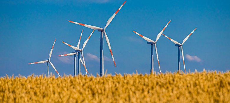 Windkrafträder über einem Feld.